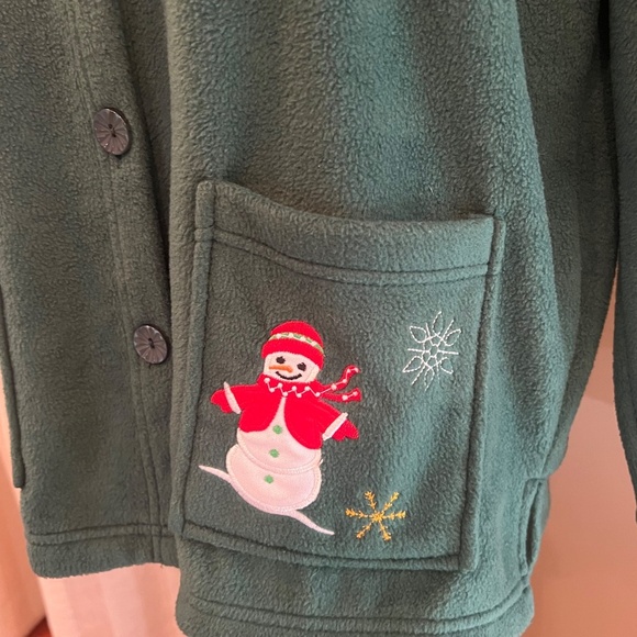 Bobbi Brooks Forest Green Snowman Christmas Fleece Cardigan, Size Large - Picture 6 of 11